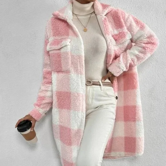 Plaid Flap Pocket cozy comfy Teddy Coat Shacket Pink - Picture 5 of 7
